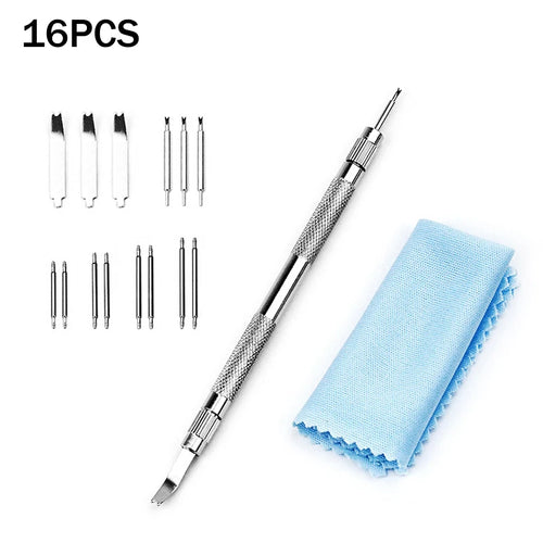 Spring bar strap tool kit with assorted spring bars and cleaning cloth