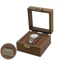Walnut-finish single-watch display box with glass lid