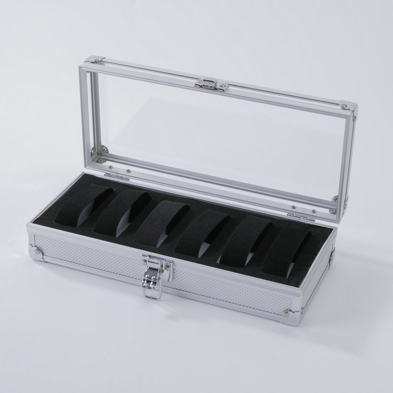 Aluminium watch case with clear viewing lid and soft cushioned slots