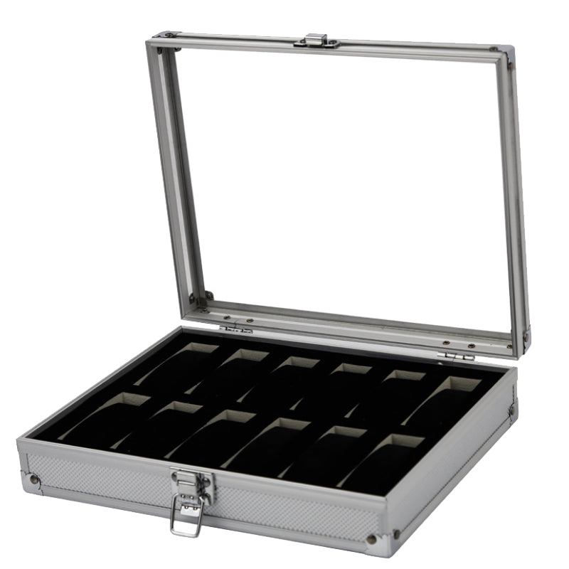 Aluminium watch case with clear viewing lid and soft cushioned slots
