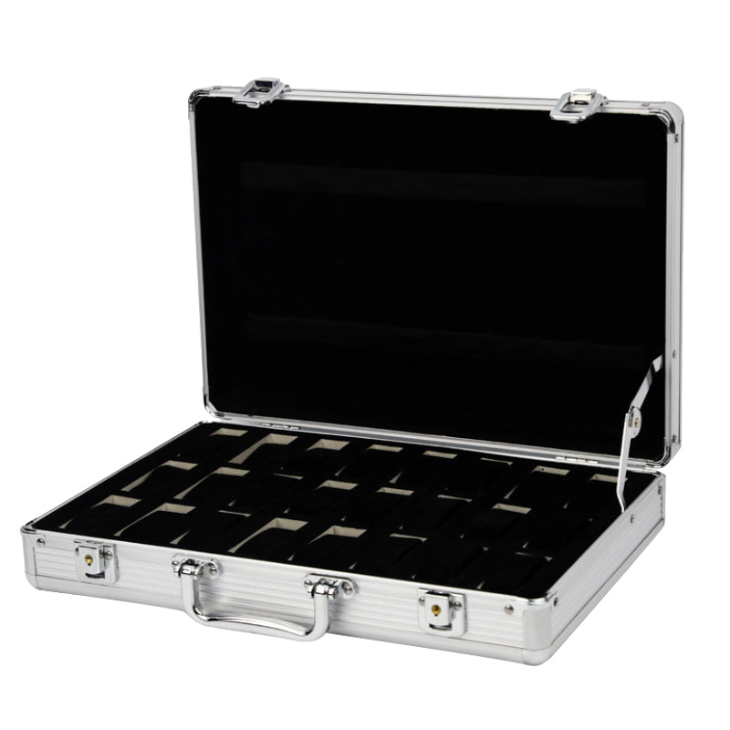 Aluminium watch case with clear viewing lid and soft cushioned slots