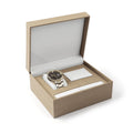 Watch and cufflink gift box with watch pillow, pen slot and cufflink pad, shown open