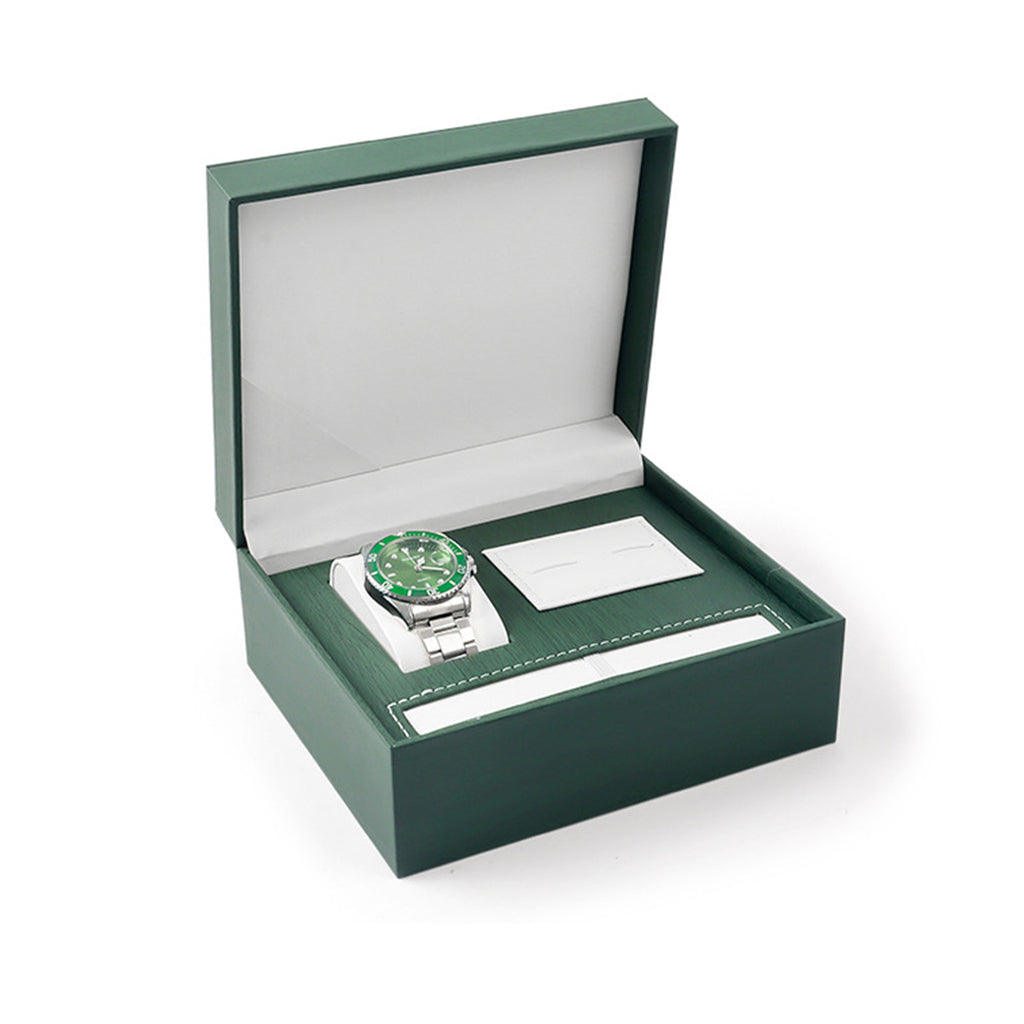 Watch and cufflink gift box with watch pillow, pen slot and cufflink pad, shown open