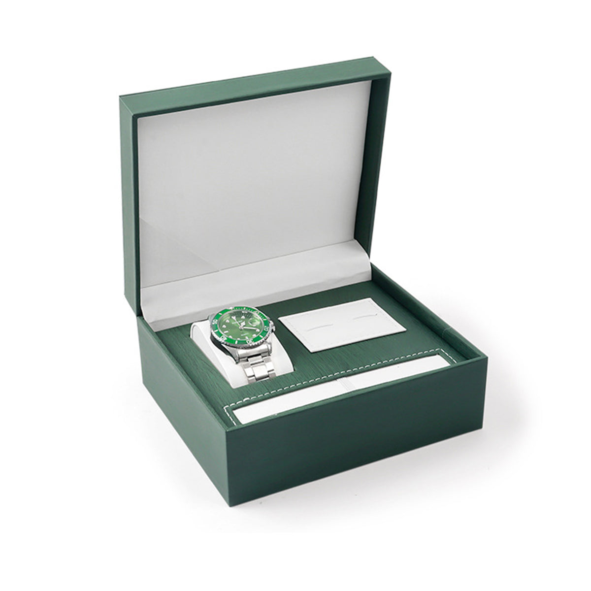 Watch and cufflink gift box with watch pillow, pen slot and cufflink pad, shown open