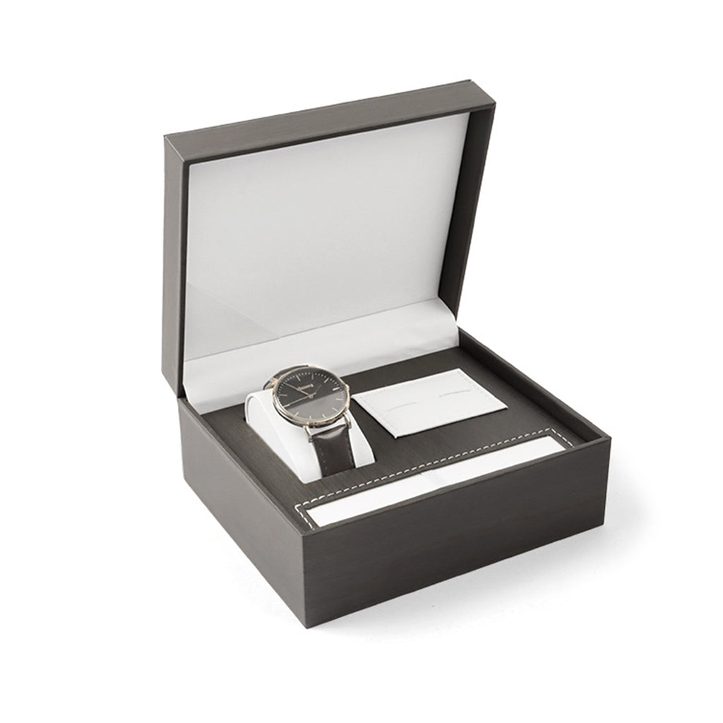 Watch and cufflink gift box with watch pillow, pen slot and cufflink pad, shown open