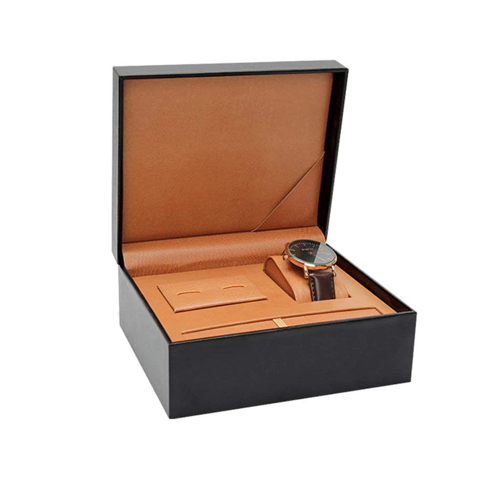 Watch and cufflink gift box with watch pillow, pen slot and cufflink pad, shown open