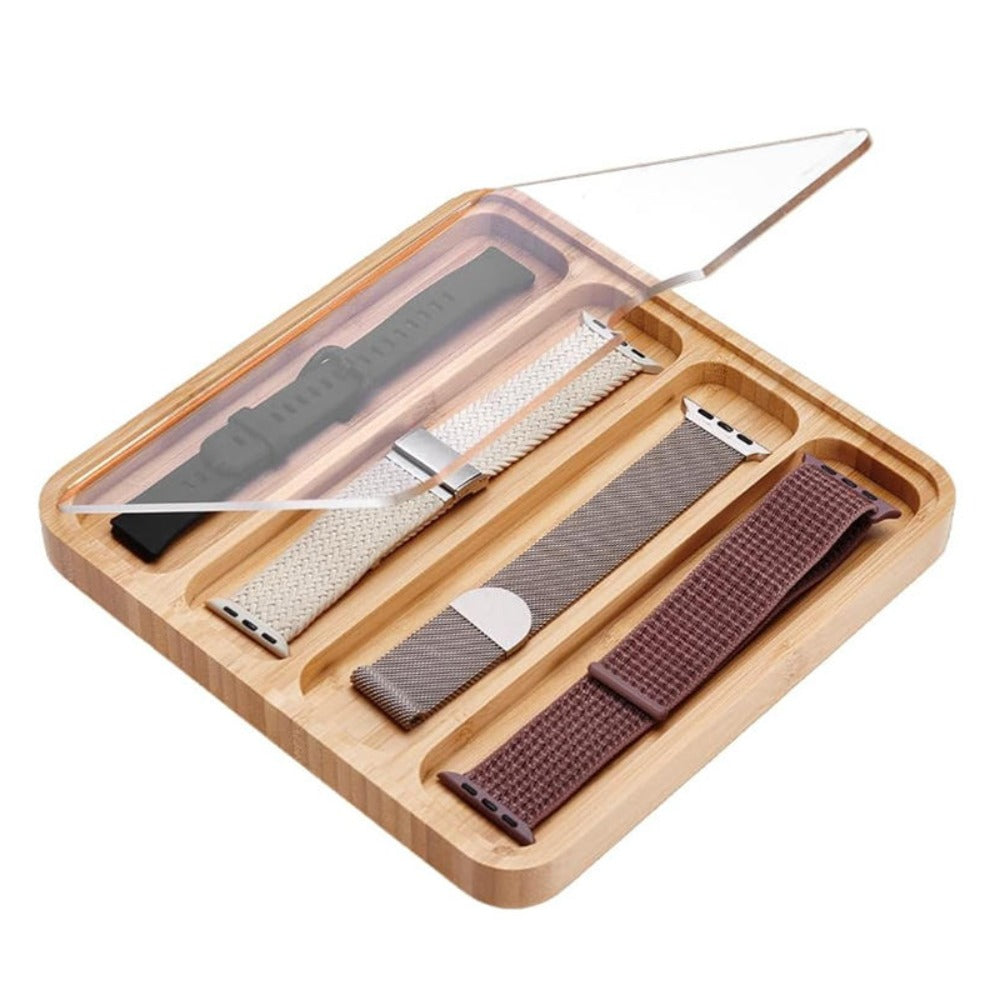Watch strap organizer tray with clear acrylic lid, straps shown