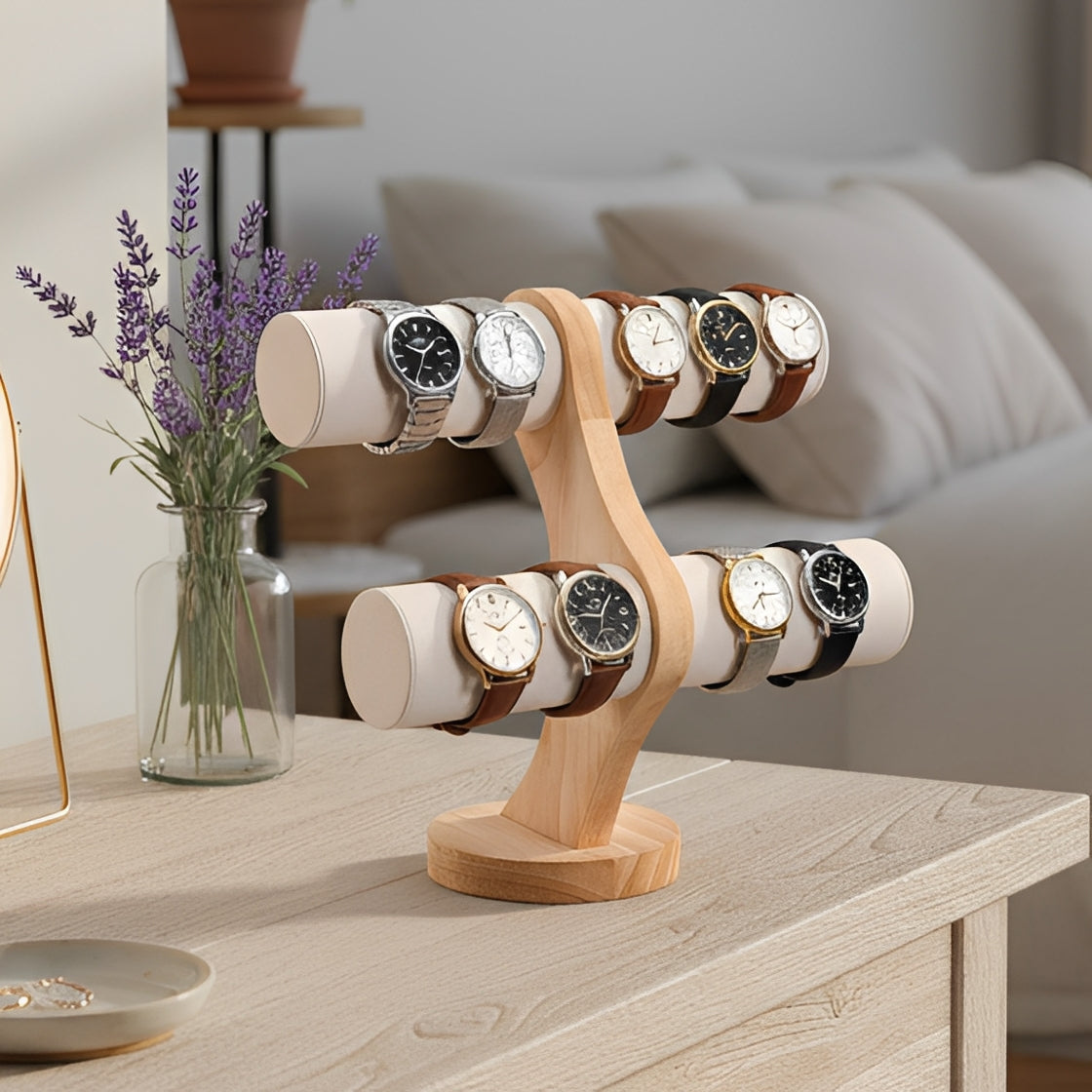 Two-tier wooden watch display stand in beige holding wristwatches