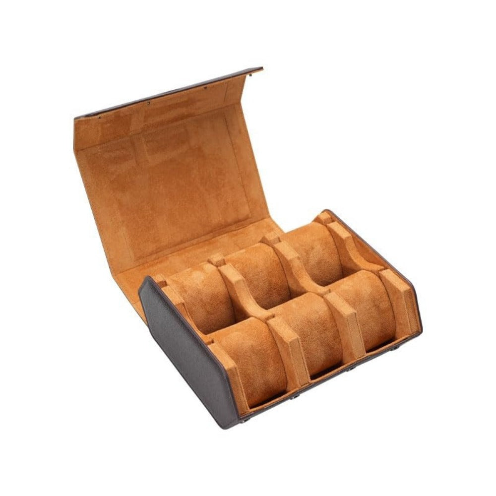 Six-watch travel case with removable pillows, shown open
