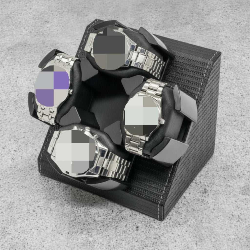 Four-watch automatic winder in black textured finish holding four watches