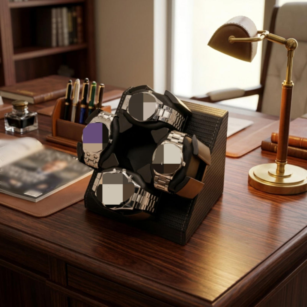 Four-watch automatic winder in black textured finish holding four watches