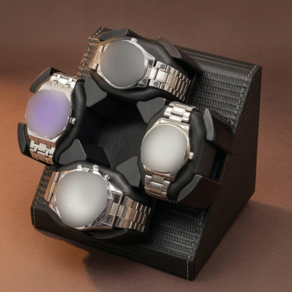 Four-watch automatic winder in black textured finish holding four watches