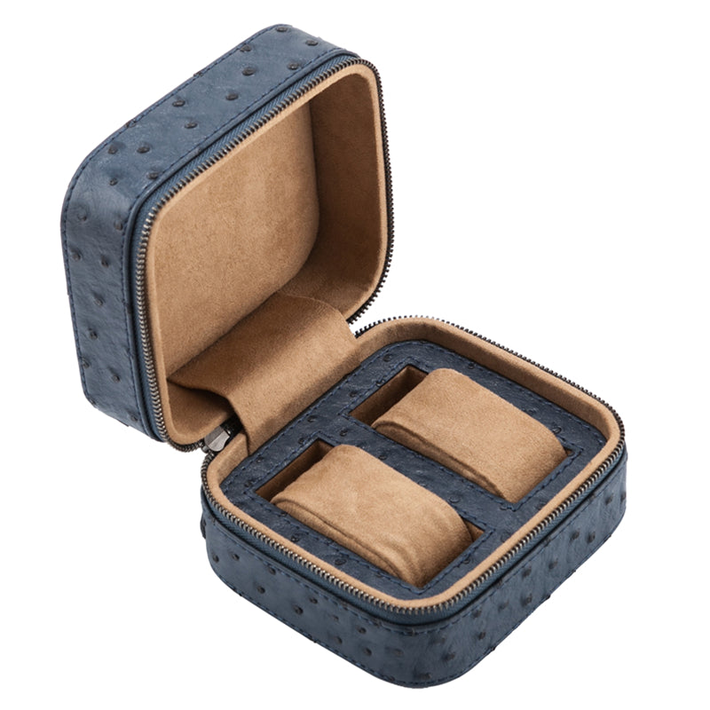 Two-watch zip travel case with cushioned pillows, shown open
