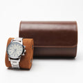 Two-watch travel roll in vegan leather with Saffiano-style finish and suede-look interior